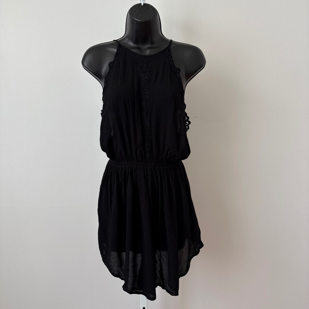 Free People Medium Black Romper Halter Neck Embroidered Gauze Boho Festival